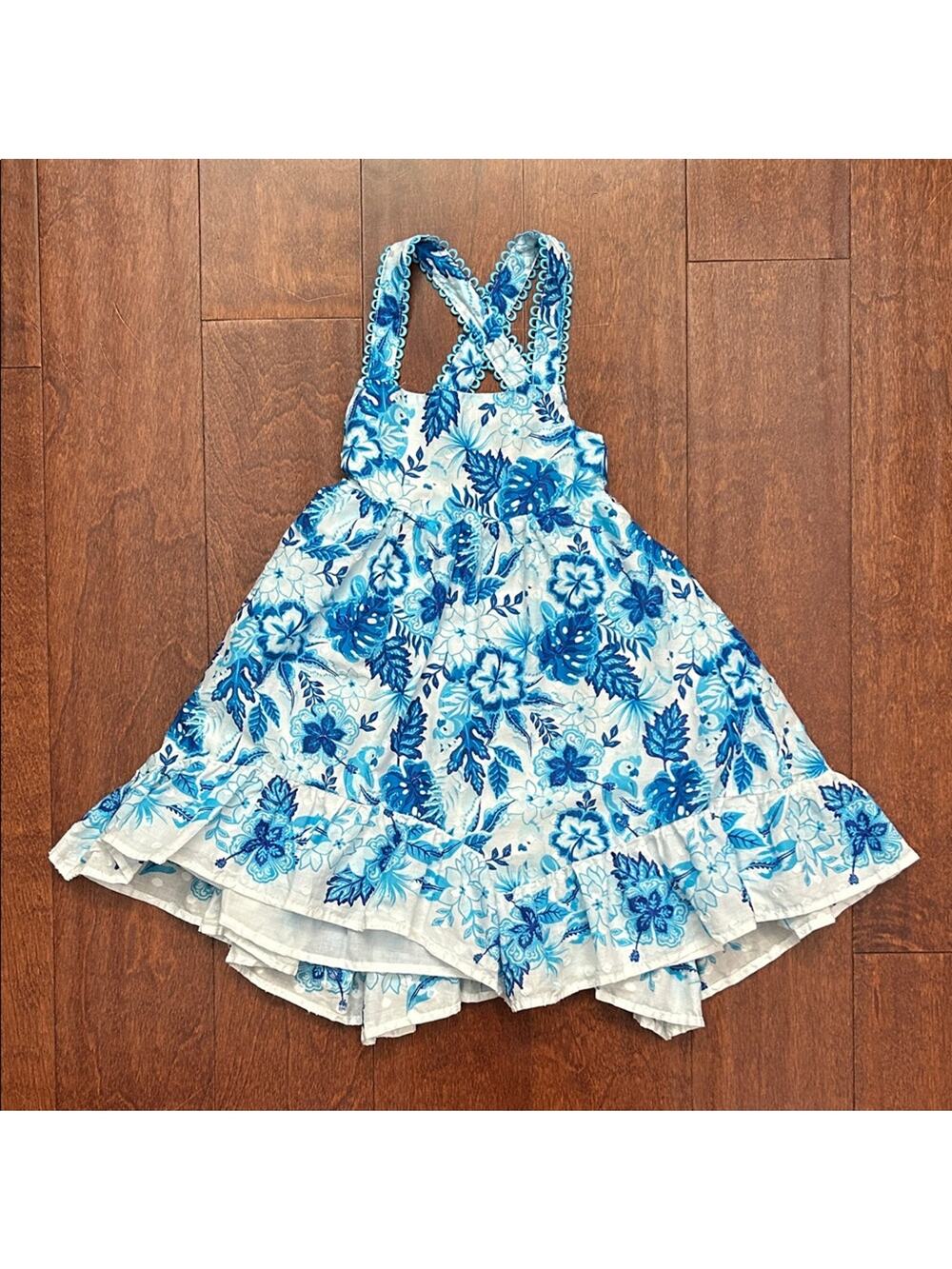 Shabby Chic Blue and White Dress, Sweet Floral and Bird Print, Size 3T